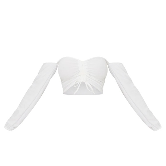 PLT, White Ruched Detail Bardot Long Sleeve Crop Top, Size 4 (small) - Picture 4 of 4